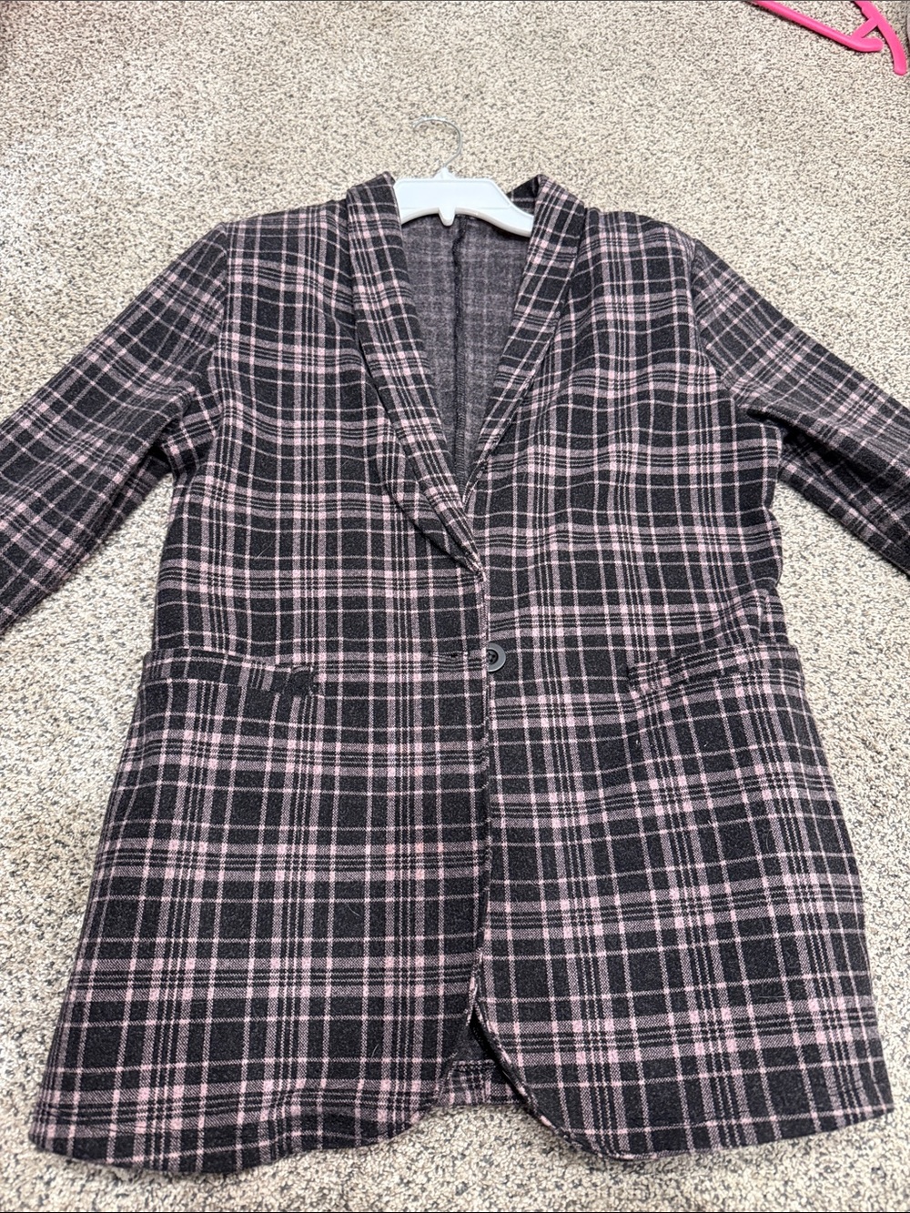 Plaid Single-Button Blazer in Black and Pink